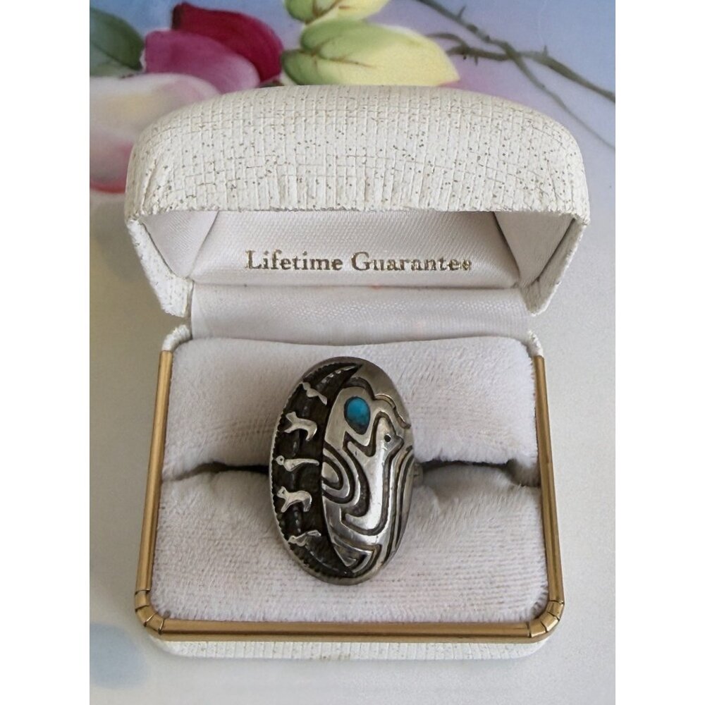 Vintage 60s Navajo Ring Sterling Turquoise Fetish Animals Birds Bears Size 7.25
